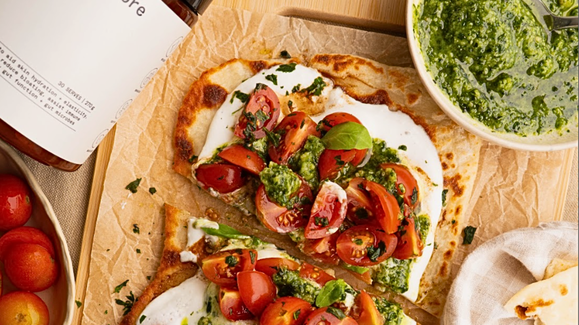 Yoghurt Flatbread with EVOO + Collagen Pesto
